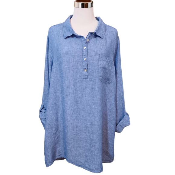 JNY 100% Linen Blouse Top 2X‎ Blue Popover Roll Tab Sleeves Casual Career Office - Picture 5 of 9